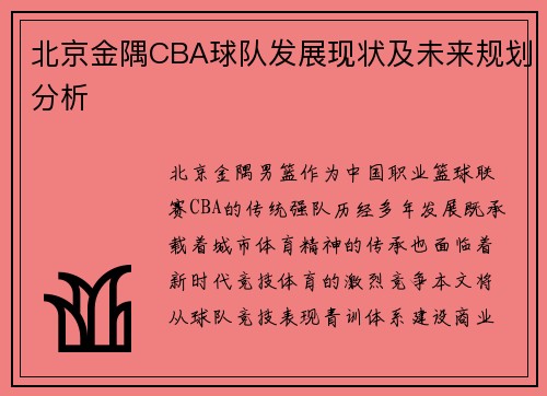 北京金隅CBA球队发展现状及未来规划分析